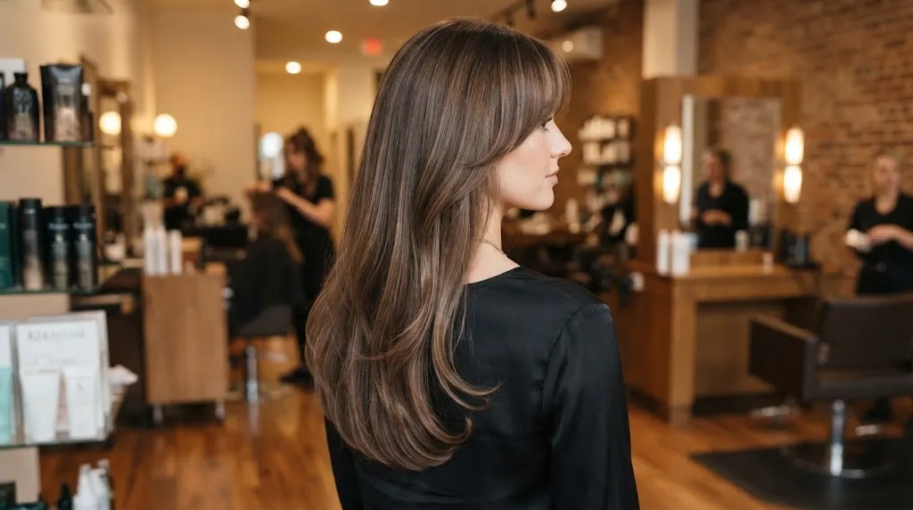 Woman with long hair showcasing a U-cut haircut and trendy curtain bangs framing her face in a professional salon.
