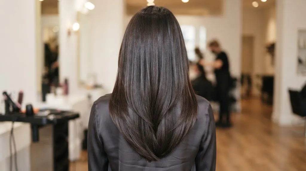 Back view of a woman with long, healthy hair styled in a distinct V-shaped haircut with a tapered perimeter
