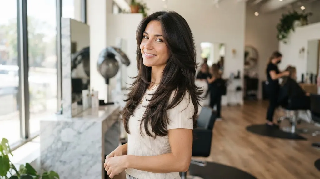 A woman showcasing different variations of a layer step cut for long hair with distinct cascading tiers in a salon