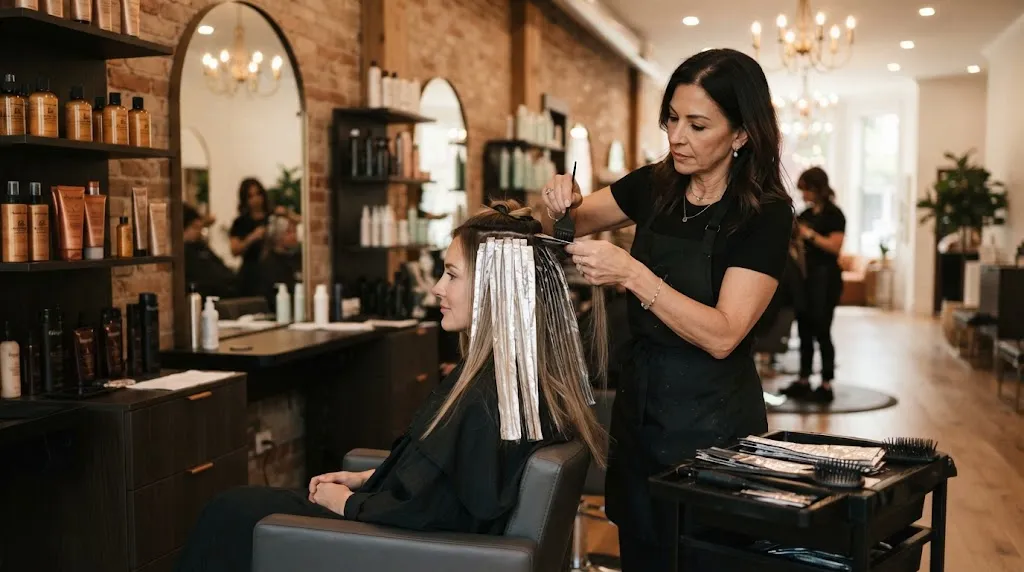 Professional hair stylist applying vertical micro-foils and highlights to contour and slim a client's face shape in a modern salon.