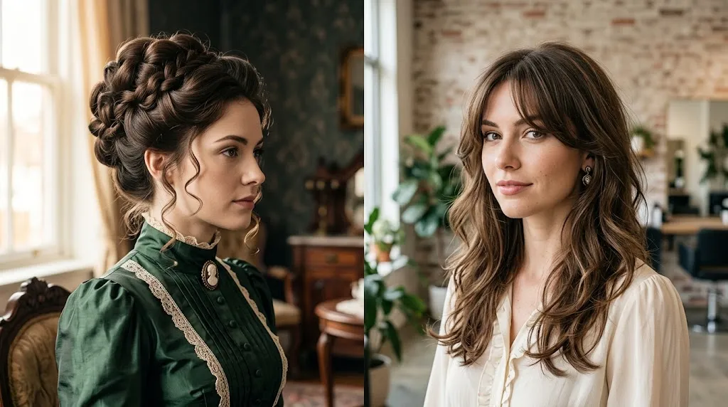 Side-by-side comparison of a vintage 19th century Victorian hair updo and a modern long layered haircut with soft face-framing waves.