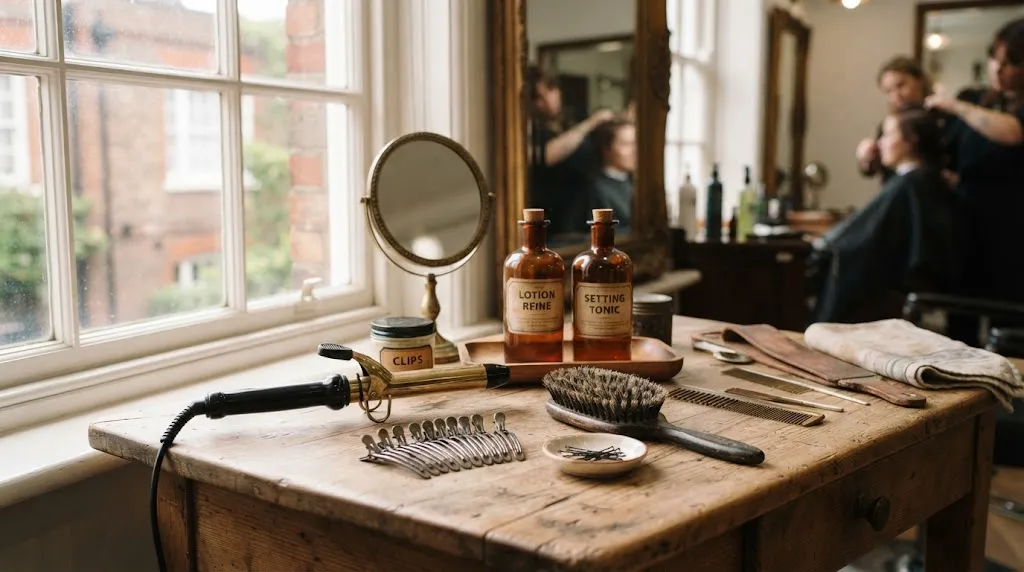Professional vintage and classic hair styling tools including marcel irons and curl clips on a salon vanity