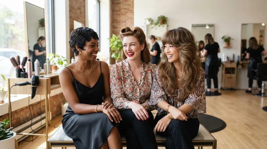 Diverse women showcasing vintage-inspired hairstyles for short, medium, and long hair in a modern salon