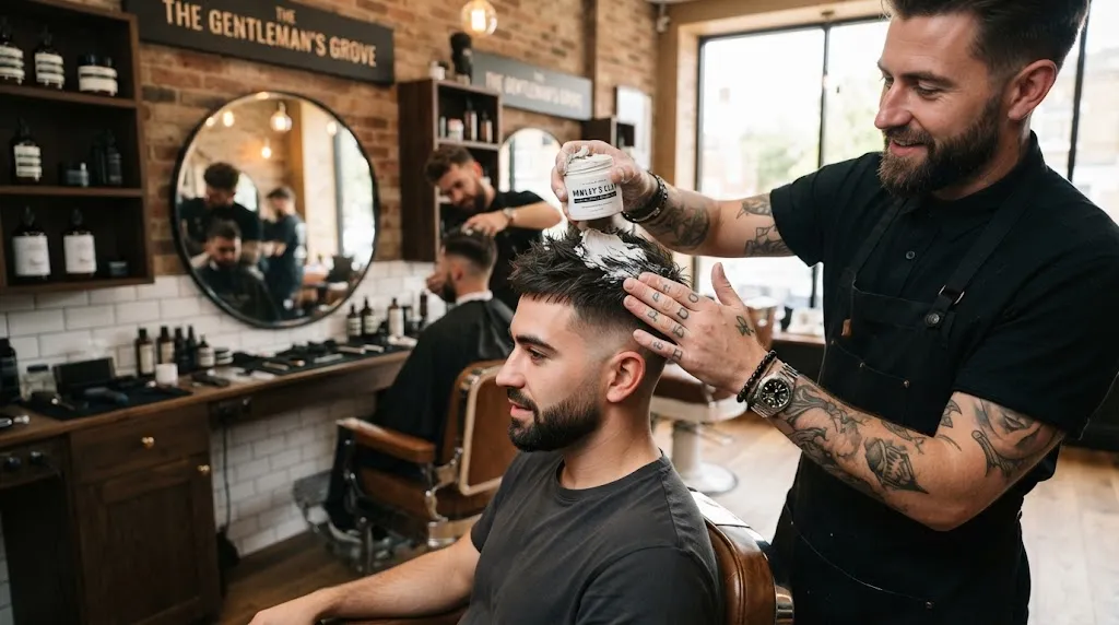 A professional barber applying matte styling clay to a man's short textured haircut to add volume and hold