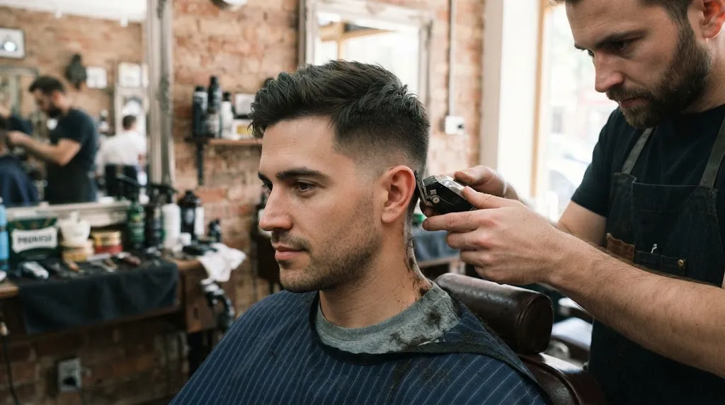 A professional barber styling a man's hair during the transition phase of a long military haircut, showing week-by-week growth stages.