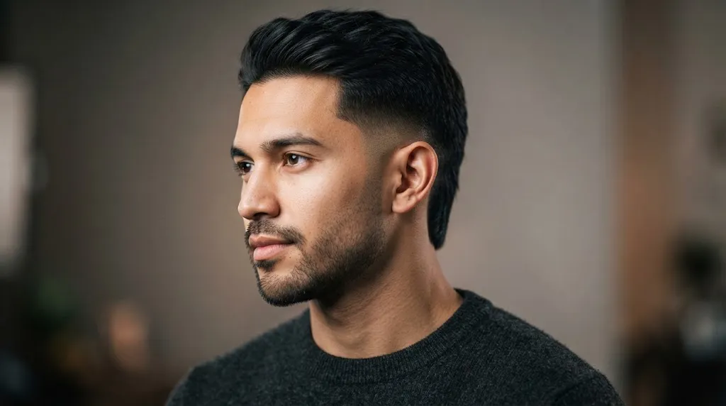 Close-up back view of a man with a clean low fade and a well-defined classic tail hairstyle at the nape.