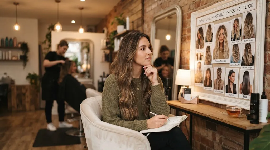 A person with beautiful long hair considering different modern haircuts and styling options in a cozy salon.