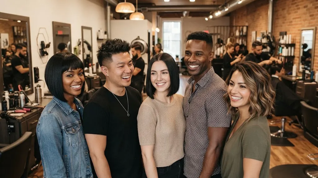 A diverse group of people showcasing various box cut hairstyles suited for different face shapes in a professional salon