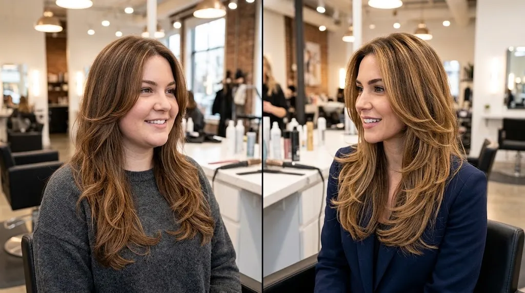 Side-by-side comparison of long layered haircuts for fuller face shapes showing who should and shouldn't get face-framing layers.