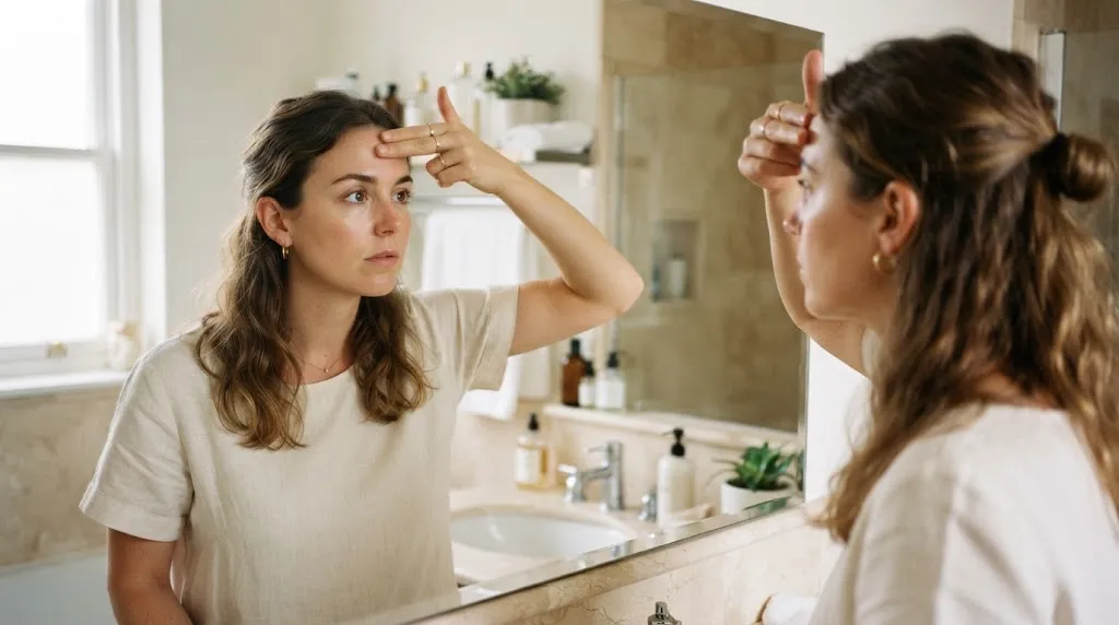 A person checking facial proportions with fingers to perform a quick visual test for forehead width versus height in front of a mirror.