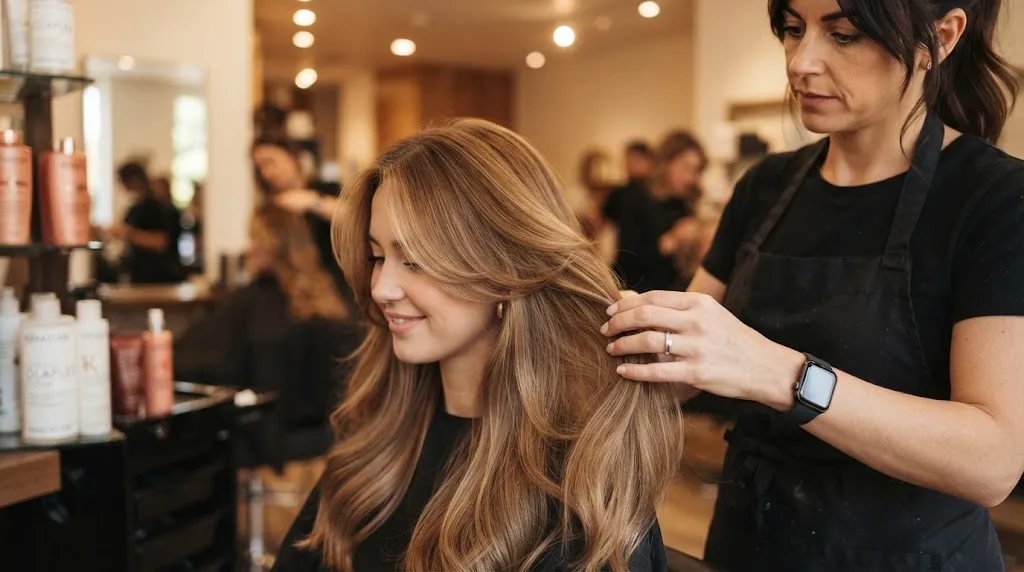 Professional hairstylist checking long hair with soft layers in a salon to demonstrate how to prevent hair from looking thin