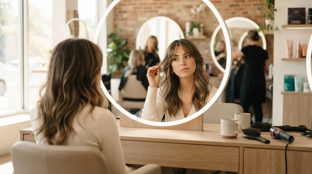 A stylish woman looking closely at her hair and curtain bangs in a bright salon mirror while comparing her hairstyle.