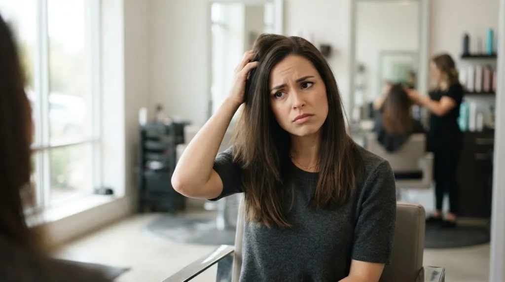 A woman in a hair salon mirror reflection looking disappointed and frustrated because her layered haircut made her hair look flat and heavy.