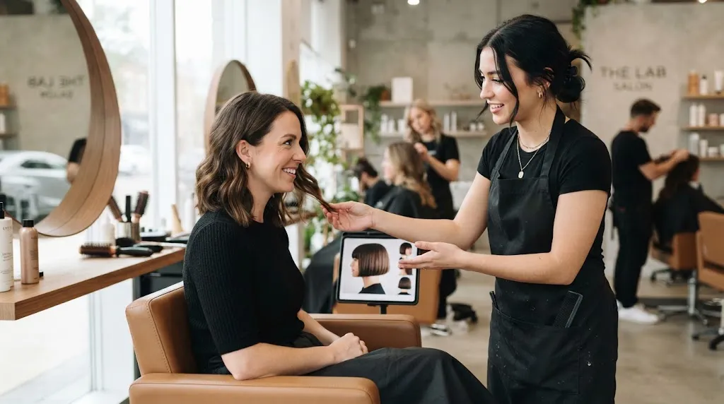 Woman sitting in a salon chair consulting with her hairstylist about getting a sharp women's box bob haircut