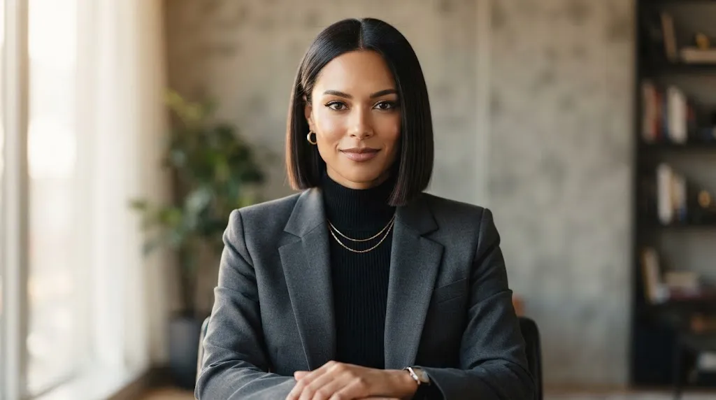 A stylish woman showcasing a sharp chin-length box bob haircut with a clean geometric perimeter, comparing it to other bob styles