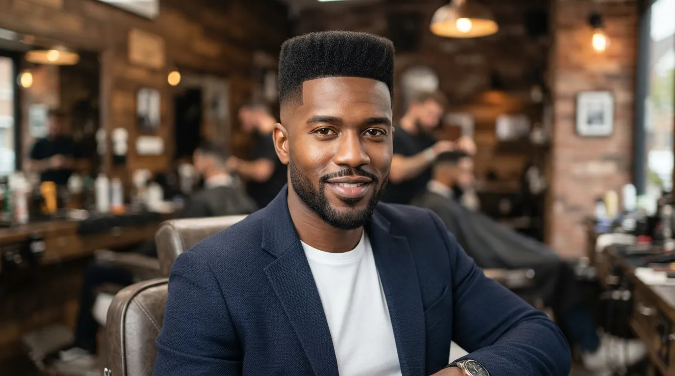 A stylish man showcasing a modern textured box cut hairstyle with a clean fade in a professional barbershop