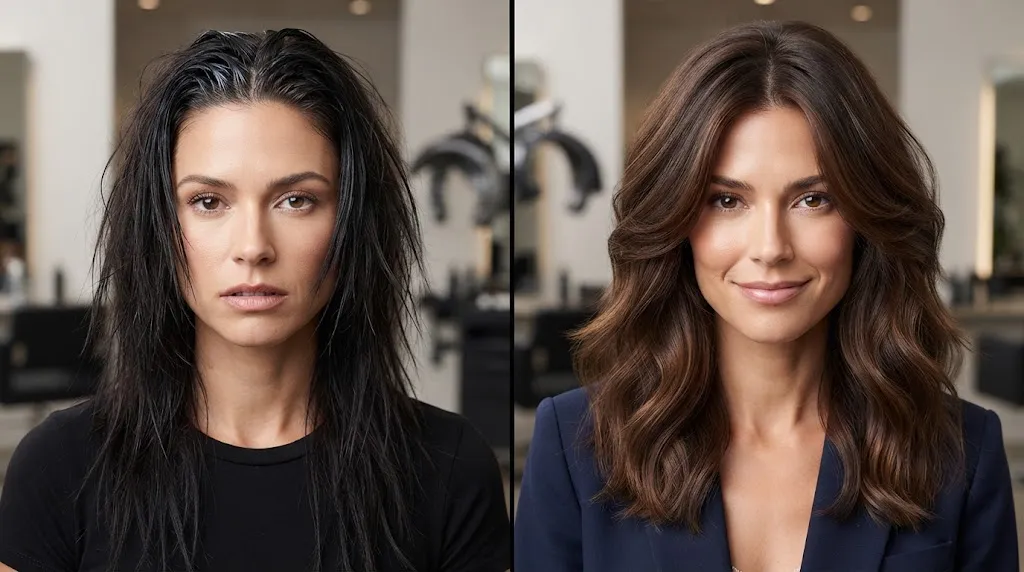 Side-by-side comparison of outdated over-thinned hairstyle versus modern soft-textured lived-in hair trend for 2026