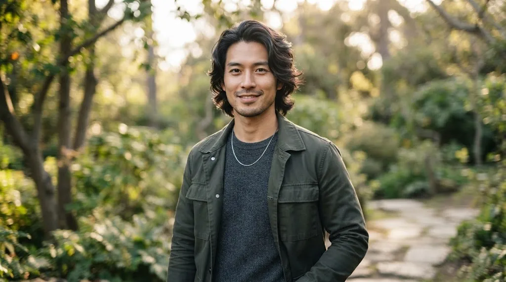 A stylish Asian man with a medium-length flow haircut, soft natural layers, and swept-back dark hair.