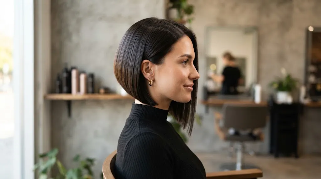 Modern asymmetrical bob haircut featuring a sharp chin-to-shoulder diagonal line and smooth texture for women
