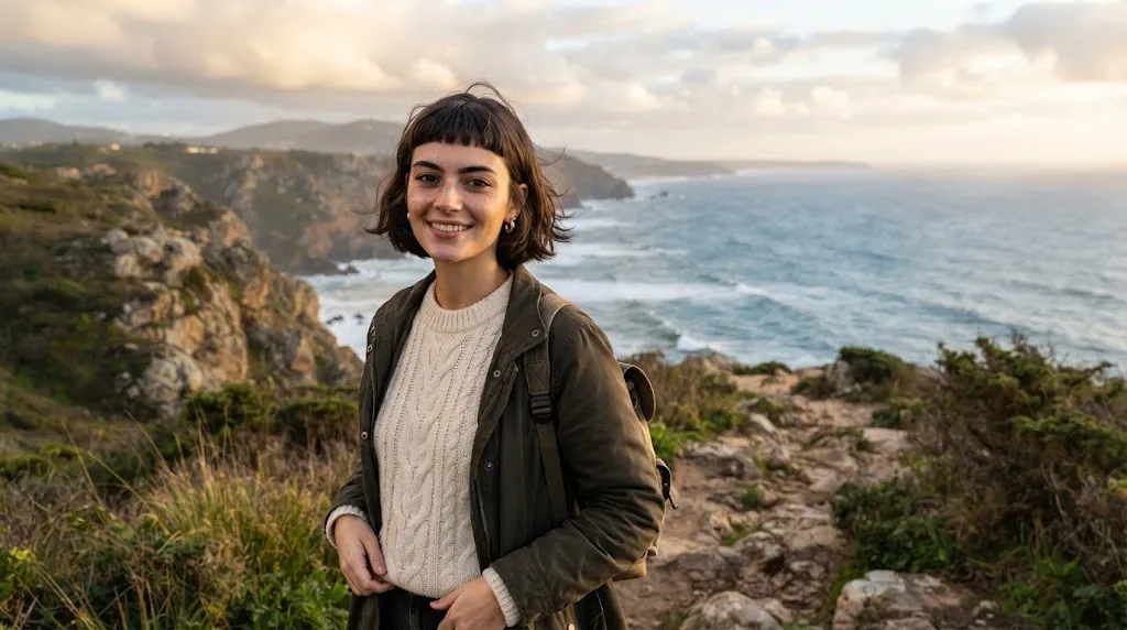 A beautiful young woman featuring high-fashion baby bangs cropped short above the eyebrows, showcasing soft hair texture and modern face-framing fringe.