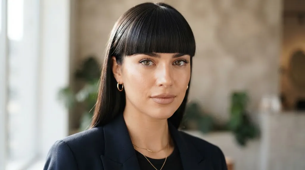 A stylish woman with sleek hair wearing classic bold blunt straight-across bangs cut right at the eyebrow line.