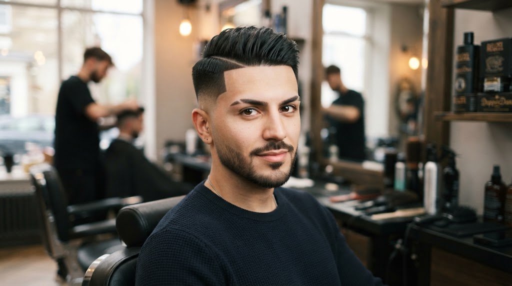 A stylish man showcasing a bold, modern short haircut with clean lines and professional salon styling for men.