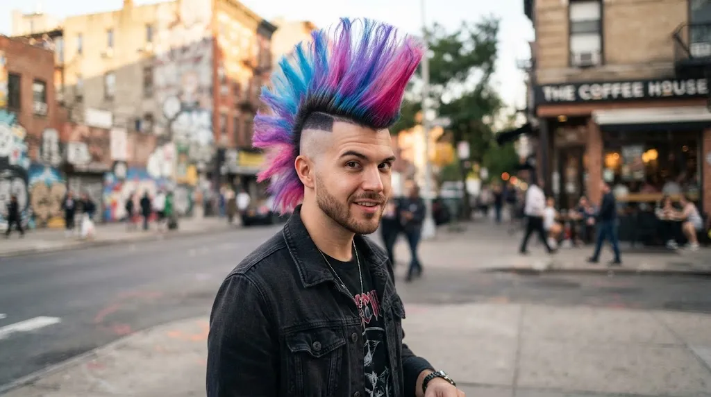 A stylish man standing on a city street with a vibrant, multi-colored neon mohawk and faded sides.