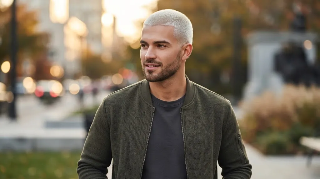 A stylish man with a confident expression and a sharp, icy platinum blonde bleached buzz cut outdoors during golden hour.