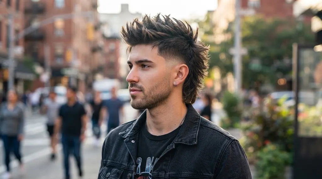 A stylish man with a textured spiky mullet haircut and a skin fade, standing on a city street.
