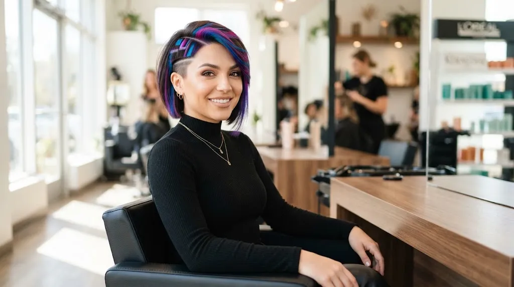 Woman with a bold, high-contrast modern haircut showcasing stark visual differences compared to everyday edgy or trendy styles.