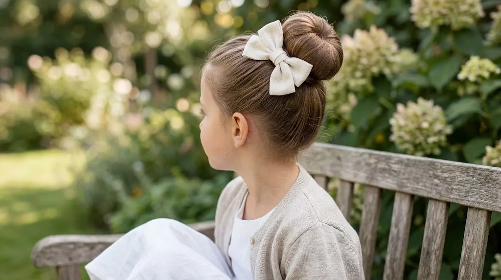 Young girl seen from behind showcasing a neat Bow Top Bun hairstyle with an elegant fabric bow accessory