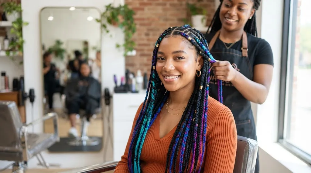 Close-up of trendy box braids featuring bright color accents and clean scalp parts for a bold protective hairstyle