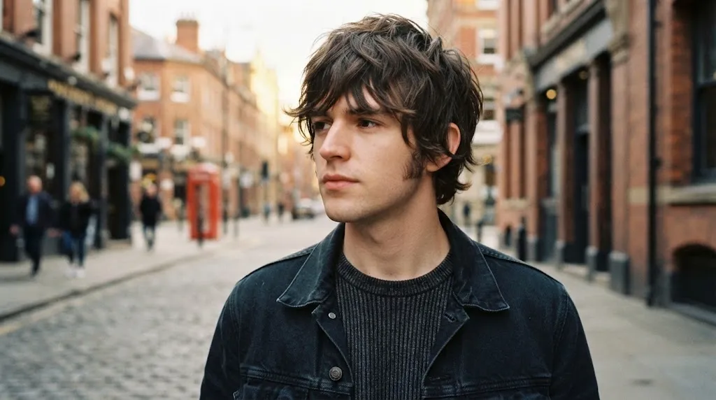 A young man with a textured, disheveled Brit Pop mop top haircut and long sideburns on a cobblestone street in a UK city.