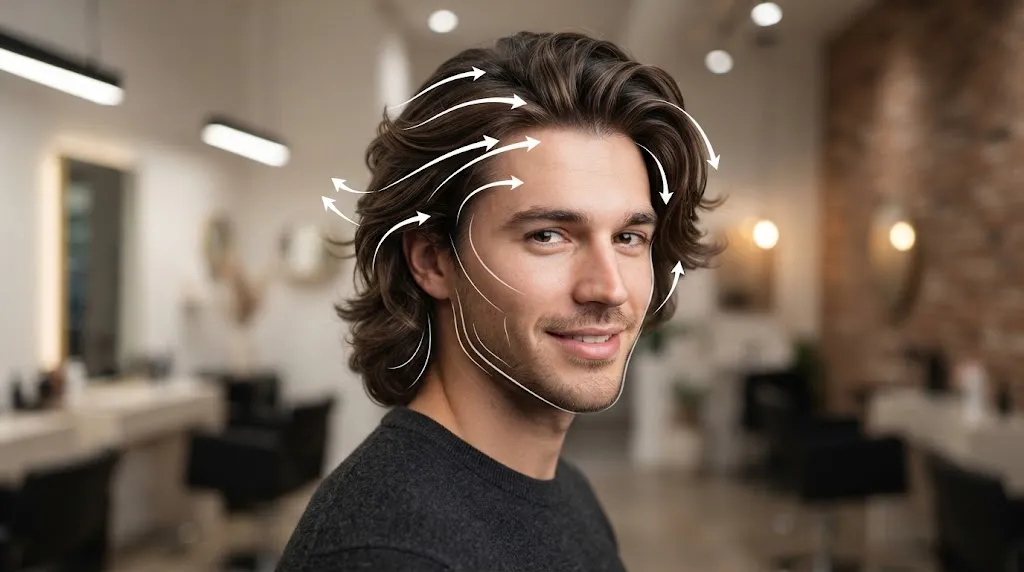 Handsome young man with a classic Bro Flow medium-long swept-back haircut showcasing soft natural texture and face shape movement arrows.