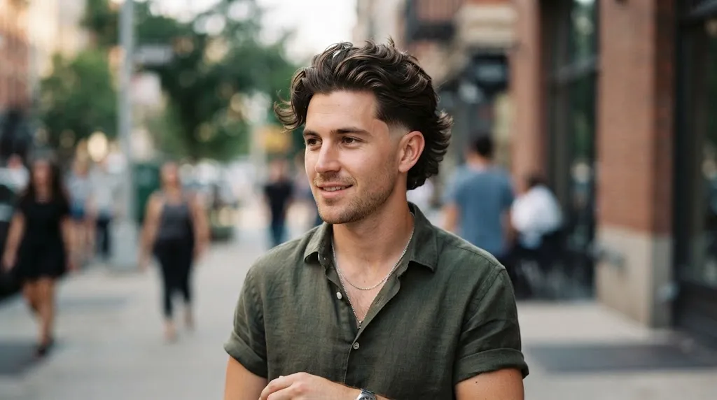 Modern men's burst fade flow haircut featuring textured medium length hair on top and a clean curved fade around the ear