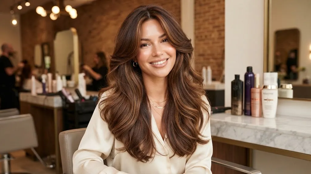 A woman with long hair showcasing bouncy butterfly layers with soft face-framing pieces and volume in a modern salon setting.