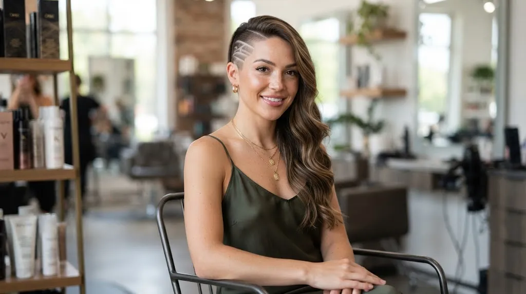 A stylish woman with a trendy side-shave haircut, showing a clean shaved side and long hair in a modern salon