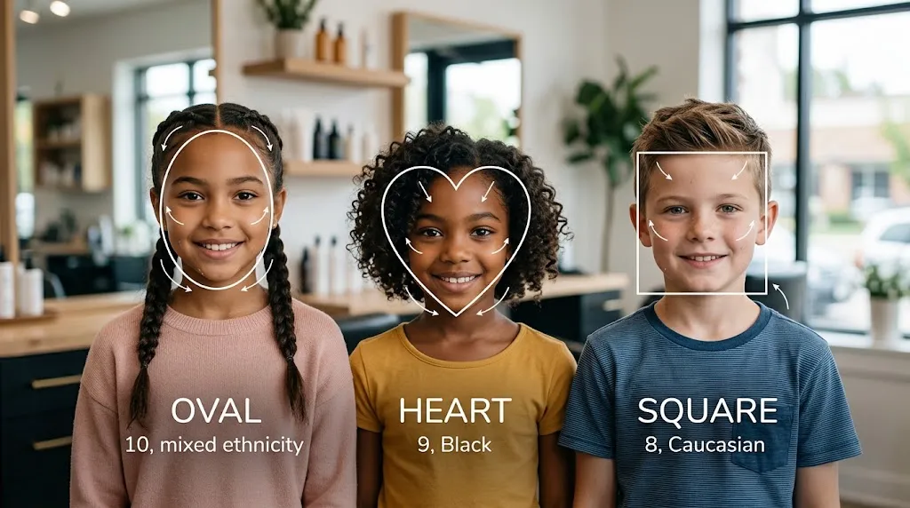 A clear guide showing children with oval, heart, and square face shapes with subtle directional arrows highlighting jawlines and cheekbones for selecting suitable hairstyles.