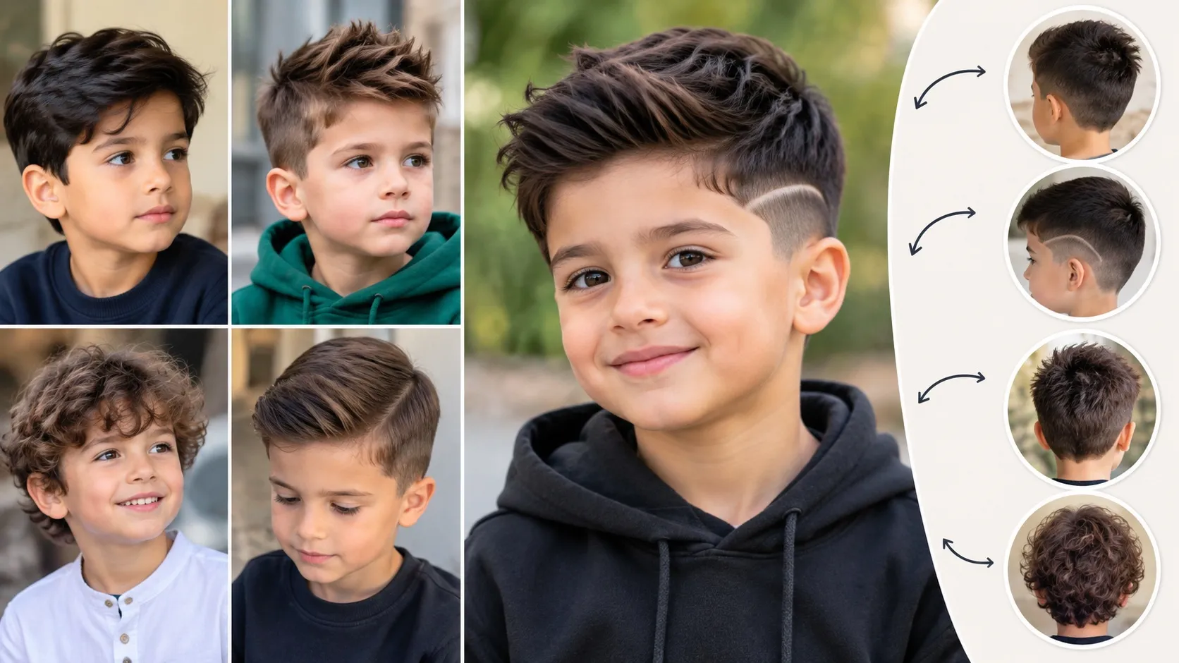 Boys with different children’s hairstyles, including classic side-swept hair, textured spiky cuts, curly hair, modern fades, and short layered haircuts.