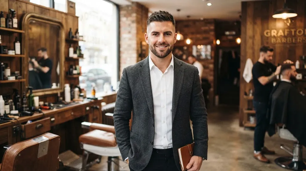 A man with a neat, low-maintenance classic crew cut featuring short sides and textured top in a modern barbershop