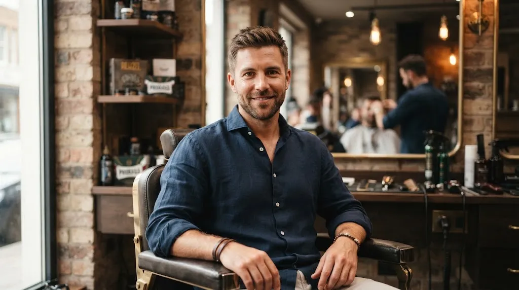 Professional photo of a man with a clean, low-maintenance normal crew cut hairstyle in a modern barbershop