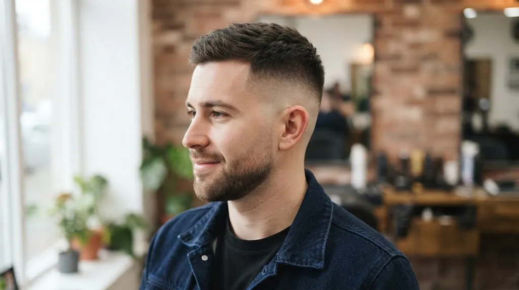 Side profile of a modern man with a classic crew cut and clean skin fade haircut