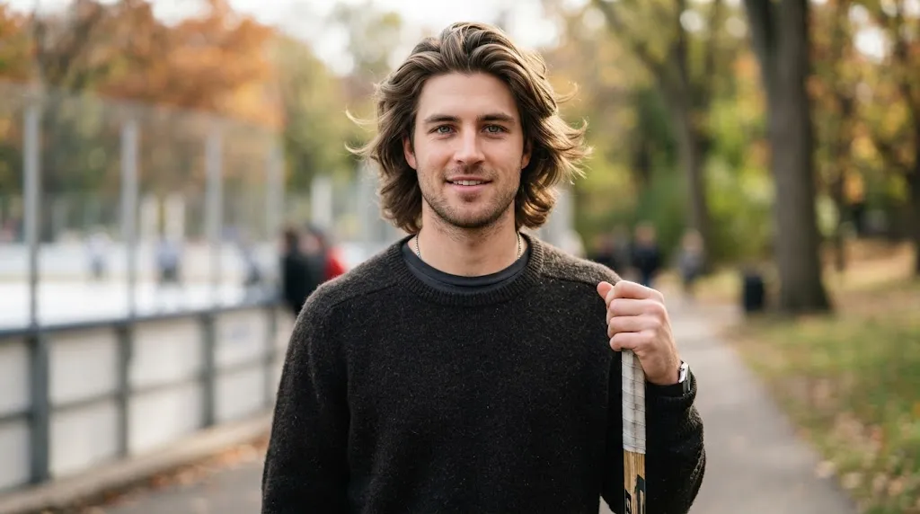 Man showcasing a stylish classic hockey hair flow haircut with medium-to-long layered hair sweeping back naturally