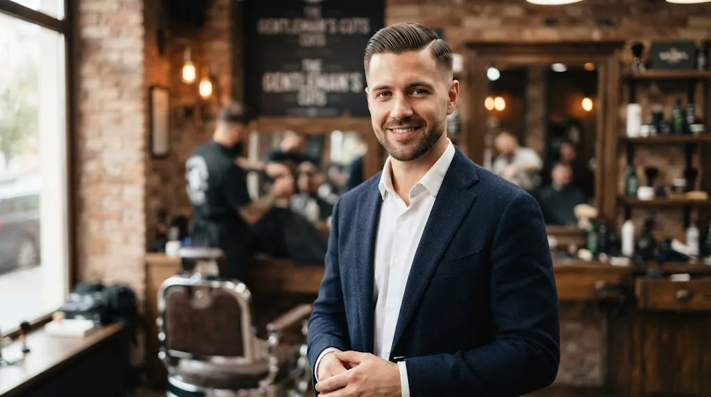 A stylish man with a clean tapered Ivy League haircut and neat side part in a modern barbershop
