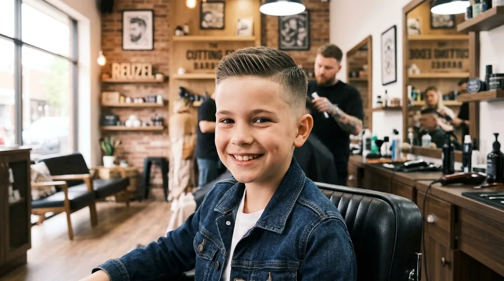 A young boy with a fresh crew cut haircut showing short faded sides and textured top length