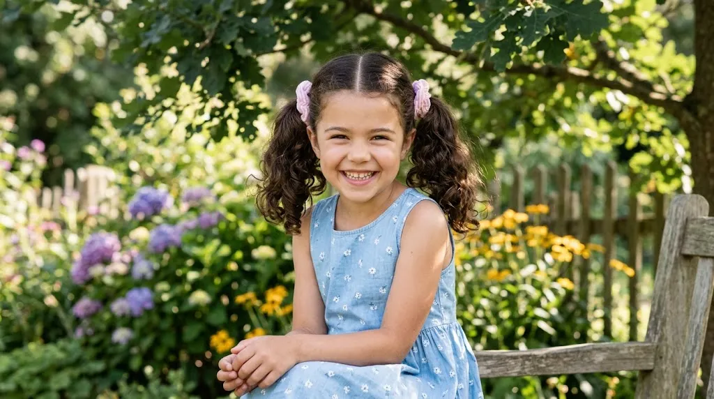 A happy young girl showcasing a classic pigtails hairstyle with a neat center part and soft hair elastics