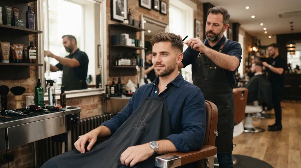 Professional man showcasing a classic regular taper haircut and professional short back and sides style