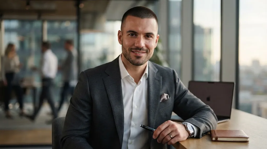A man with a clean, low-maintenance short buzz cut looking confident and stylish