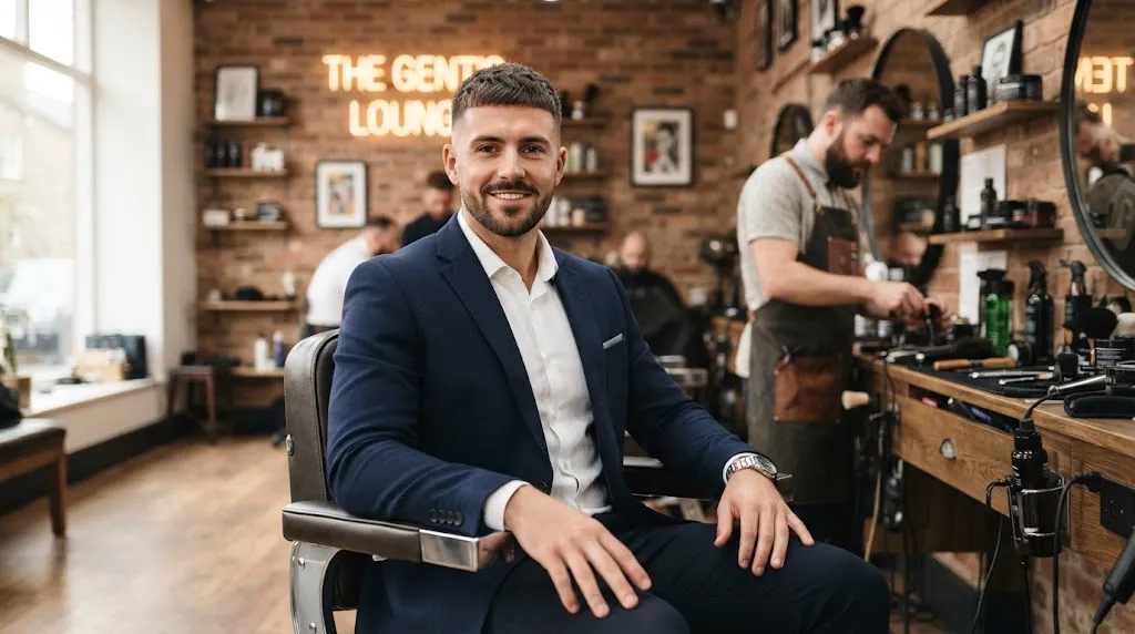 A man with a clean, low-maintenance short hair style sitting in a modern barbershop chair.