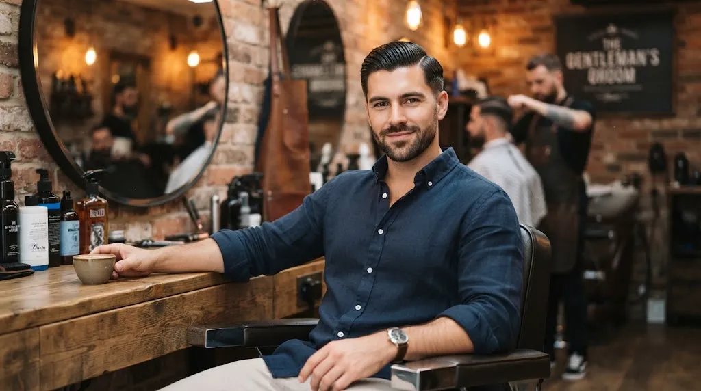 A handsome man with a clean, professional side part haircut sitting in a modern barbershop, showcasing a low-maintenance everyday hairstyle.